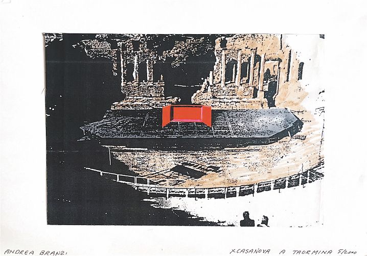 L’architettura appartiene al teatro - Andrea Branzi,disegni per la scenografia “Casanova”, Firenze 1998, Taormina 2000. collage e pennarello su carta, cm.27,5x40