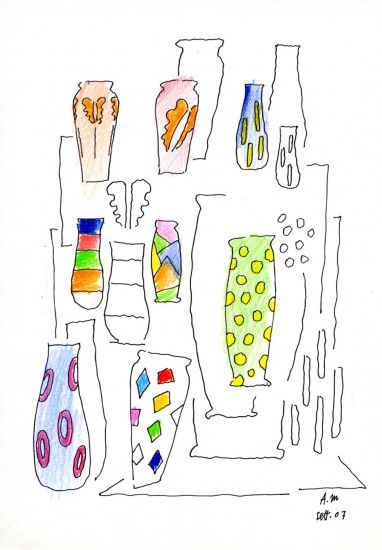 Alessandro Mendini - Vasi per corsi di design, 2007, pennarello e matite colorate su carta, cm 29,7 x 21
