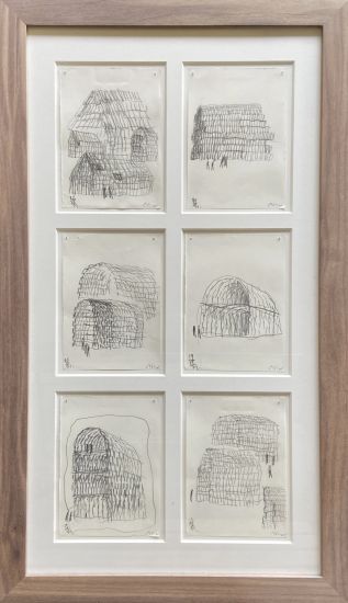 Legni cuciti - Composizione 73, 6 disegni a matita su carta, disegni cm 14,5x10,5 cad, cornice cm 64x37