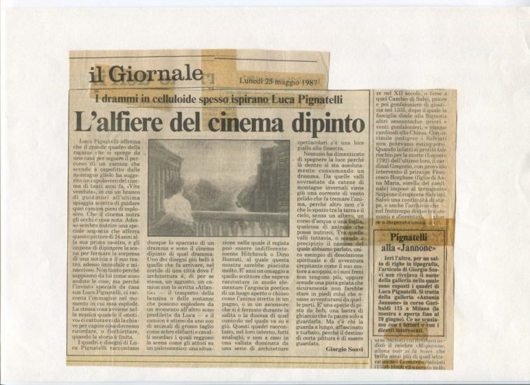Luca Pignatelli. Immaginazione: paesaggi e architetture - Giorgio Soavi, I drammi in celluloide spesso ispirano Luca Pignatelli. L’alfiere del cinema dipinto, in “il Giornale”,  25 maggio 1987