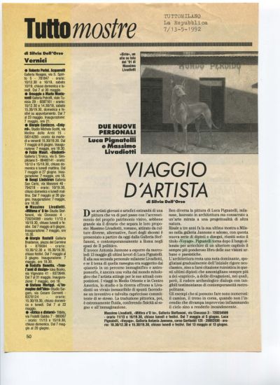 Luca Pignatelli. Voyage. Dipinti e disegni - Silvia Dell’Orso, Viaggio d’artista, in “TuttoMilano”, supplemento de “la Repubblica”, 7-13 maggio 1993, p. 50