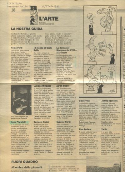 Luca Pignatelli. Voyage. Dipinti e disegni - Luca Pignatelli, rubrica L’Arte a cura di Melisa Garzonio, in “Vivi Milano”, supplemento al “Corriere della Sera”, 21-27 maggio 1992, p. 18