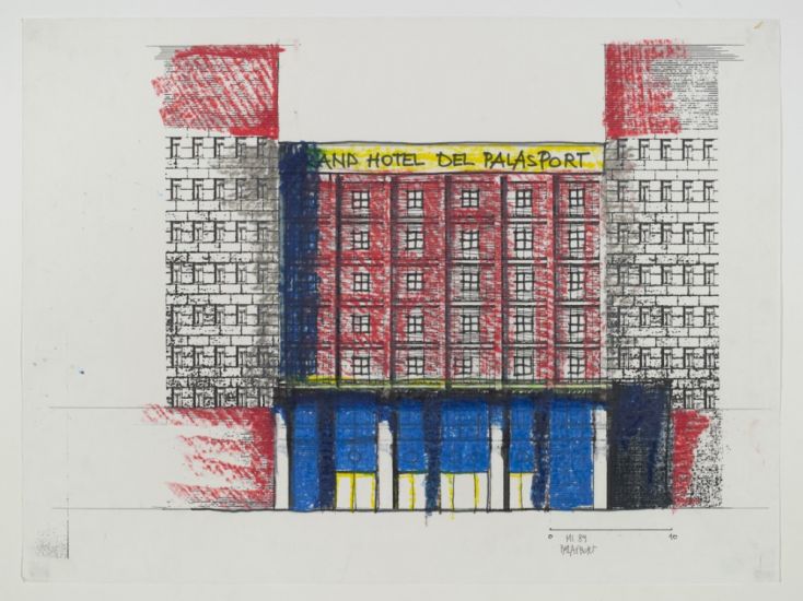 Disegni 1980 - 1996 - Ingresso all'Hotel Palasport-1989, pastello, penna e tempera su carta, 45x62 cm