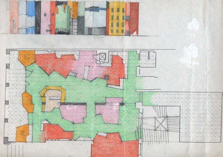 Frammenti e figure architettoniche ai quattro angoli del mondo  - Dujardin, negozio di abbiglimento per bambini , Brusseles. Pianta del piano terra per il negozio DuJardin, 43x21.5cm, 1994