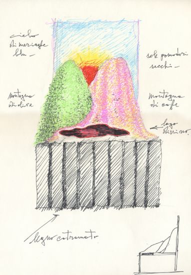 Frammenti e figure architettoniche ai quattro angoli del mondo  - Progetto di allestimento della mostra “Made in Italy” La Triennale di Milano. Schizzo per una base con montagne di fragole,lamponi e more pe