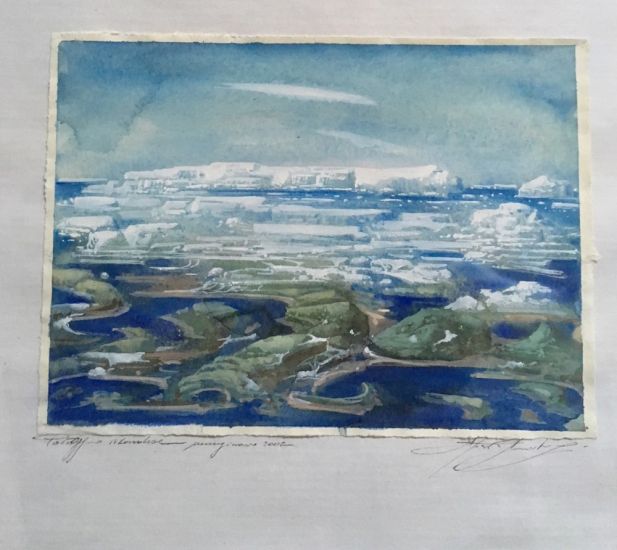 Agostino Arrivabene - Paesaggio islandese immaginario, 2002, acquerello e tempera su carta, 30 x 40 cm