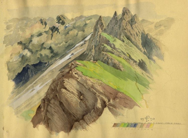 Rappresentazione del paesaggio - Torri della fermeda e Sass di Rigais Alpe di Cisles
