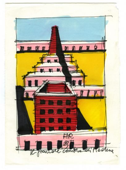 Monumental Memento - Aldo Rossi, Il grande cimitero di Modena, 1983, pennarello su carta, cm 21,3x15