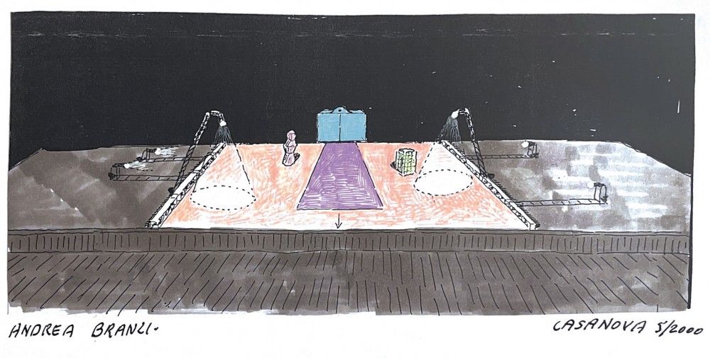 ARTEFIERA Bologna 2024 - Andrea Branzi, disegni per la scenografia “Casanova”, Firenze 1998, Taormina 2000, collage e pennarello su carta cm 24x33