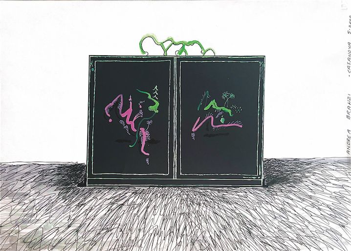 ARTEFIERA Bologna 2024 - Andrea Branzi, disegni per la scenografia “Casanova”, Firenze 1998, Taormina 2000, collage e pennarello su carta cm 27,5x40