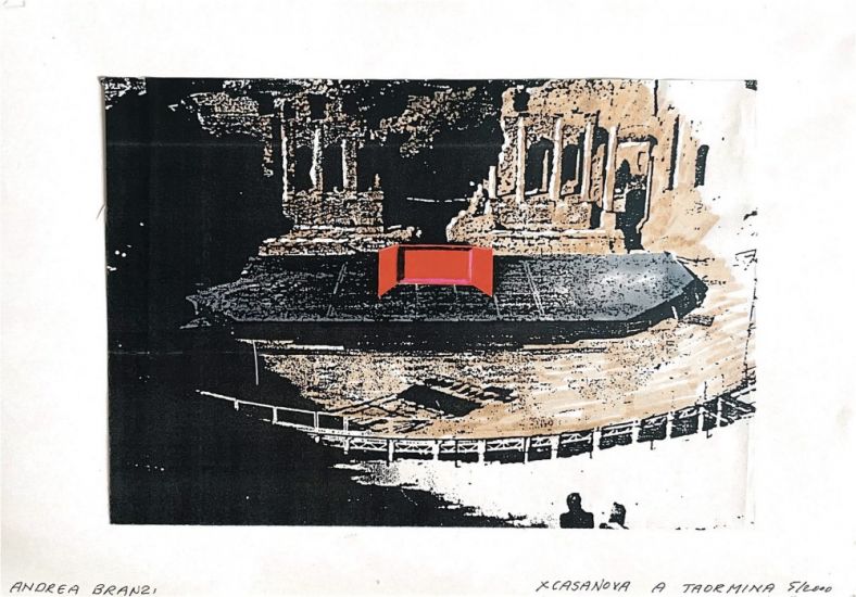 L’architettura appartiene al teatro - Andrea Branzi,disegni per la scenografia “Casanova”, Firenze 1998, Taormina 2000. collage e pennarello su carta, cm.27,5x40