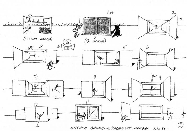 L’architettura appartiene al teatro - Andrea Branzi,disegni per la scenografia “Casanova”, Firenze 1998, Taormina 2000. collage e pennarello su carta, cm.21x29,5