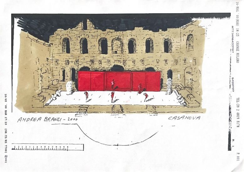 ARTEFIERA Bologna 2024 - Andrea Branzi, disegni per la scenografia “Casanova”, Firenze 1998, Taormina 2000, collage e pennarello su carta cm 21x29,5