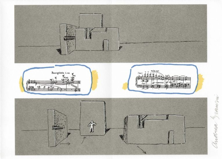 L’architettura appartiene al teatro - Andrea Branzi Barbablu,artist's book with 10 original lithographs for the set design of Bela Bartok’s opera, Lithos Editions, 2002, cm.25x35