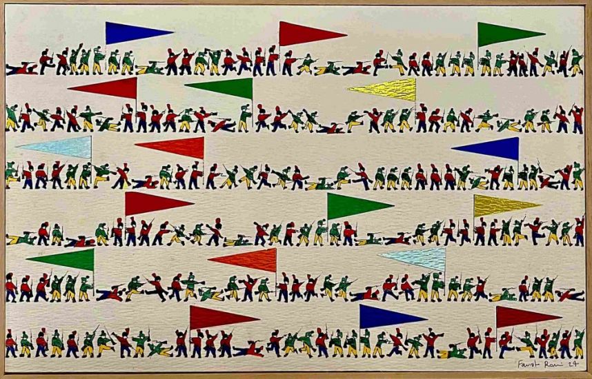 La conquista della tela - Battaglia 50, 2024, cm 27x42, Penna, Acquerello e collage su carta