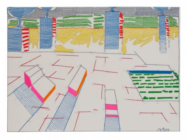 ABOUT NOW - Beppe Caturegli, BC 123 22 W, 2024, Ricamo policromo su tela di cotone, cm 50x70