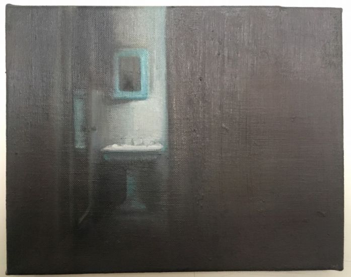 Rosa Martinez-Artero - Rosa Martínez-Artero, Cuarto de baño con espejo azul, 2013, olio su tela, cm 19x24