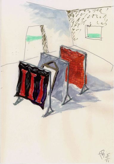 Interni Morbidi - Disegno per arazzo n.11, pennarello, pastelli colorati, acquerello,cm.28x19,5