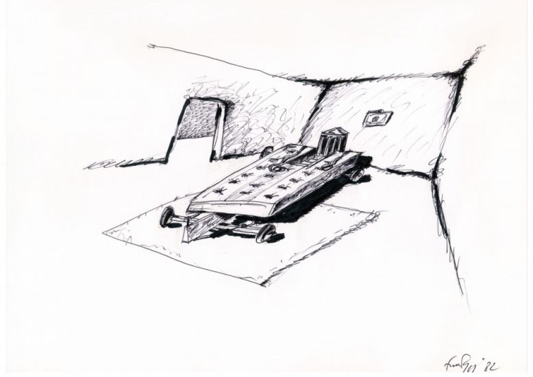 Interni Morbidi - Letto nomade in un interno, 1982,pennarello su carta,cm23x33