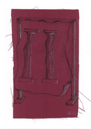 Interni Morbidi - Prova di disegno - colonne morbide, 2022  pennarello su tela rossa,35,5x22 cm 