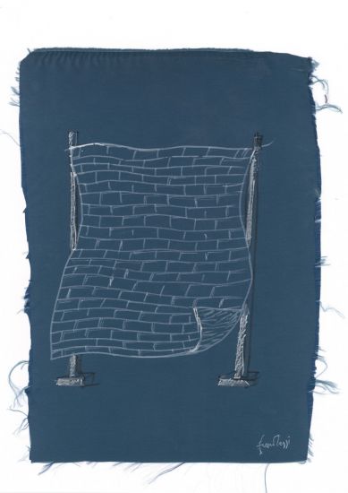 Interni Morbidi - Prove di disegno - muro morbido, 2022  pennarello su tessuto blu, 35x25,5 cm