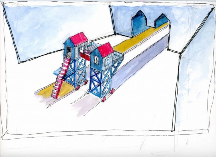 Interni Morbidi - Disegno di studio per arazzo, 2021,china, pastelli colorati, acquerello,cm.23,5x33