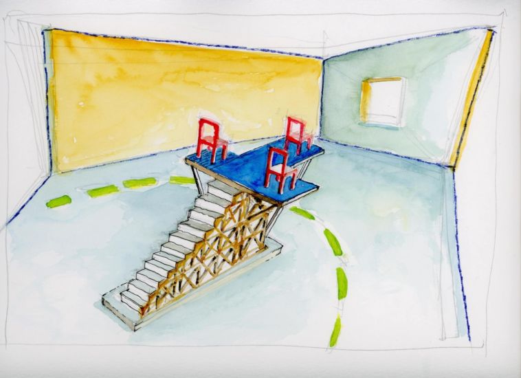 Interni Morbidi - Disegno di studio per arazzo n.4,2021, china, acquerello, pastelli colorati,cm.23,5x33