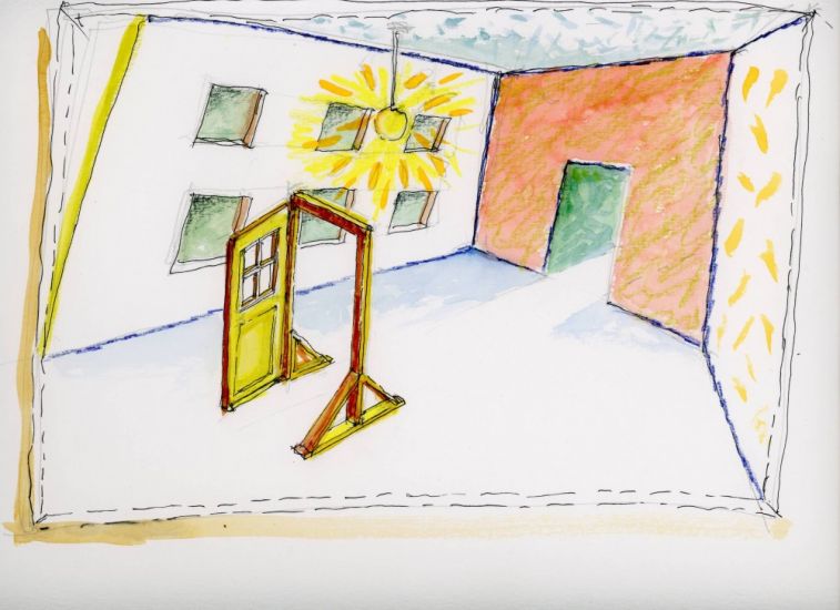 Interni Morbidi - Disegno di studio per arazzo n.7, 2021,pennarello, pastelli colorati, acquerello,cm.23,5x33