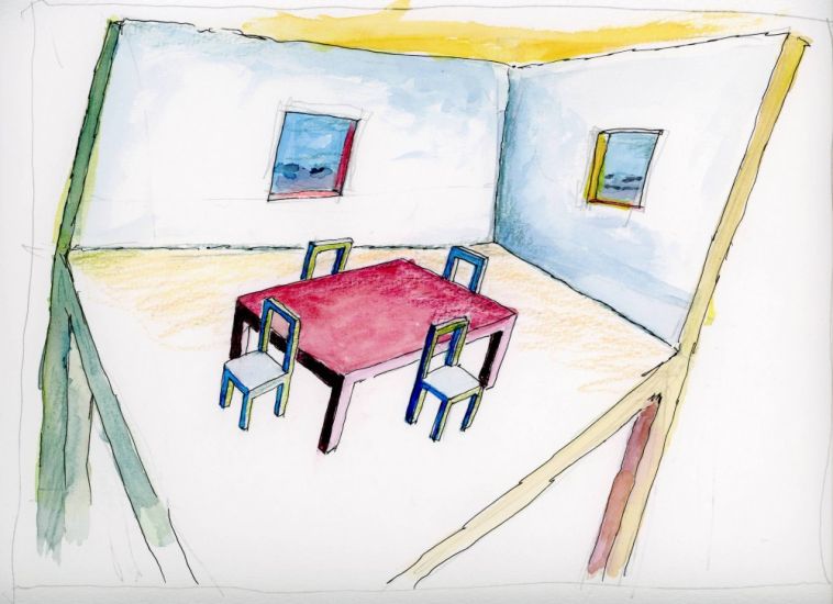 Interni Morbidi - Disegno di studio per arazzo n.8, 2021,pennarello, pastelli colorati, acquerello,cm.23,5x33