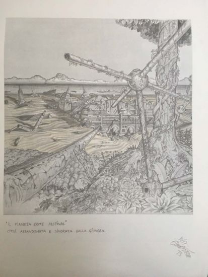 Souvenir Sottsass - “Pianeta come festival” Città abbandonata e divorata dalla giungla, 1973, litografia, cm 70 x 50. edizione 10/17