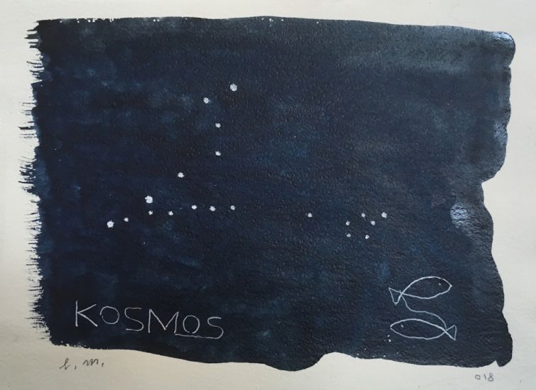 Pesci - Livio Marzot, Kosmos, 2018, gouache su carta acquerello, cm 33x45