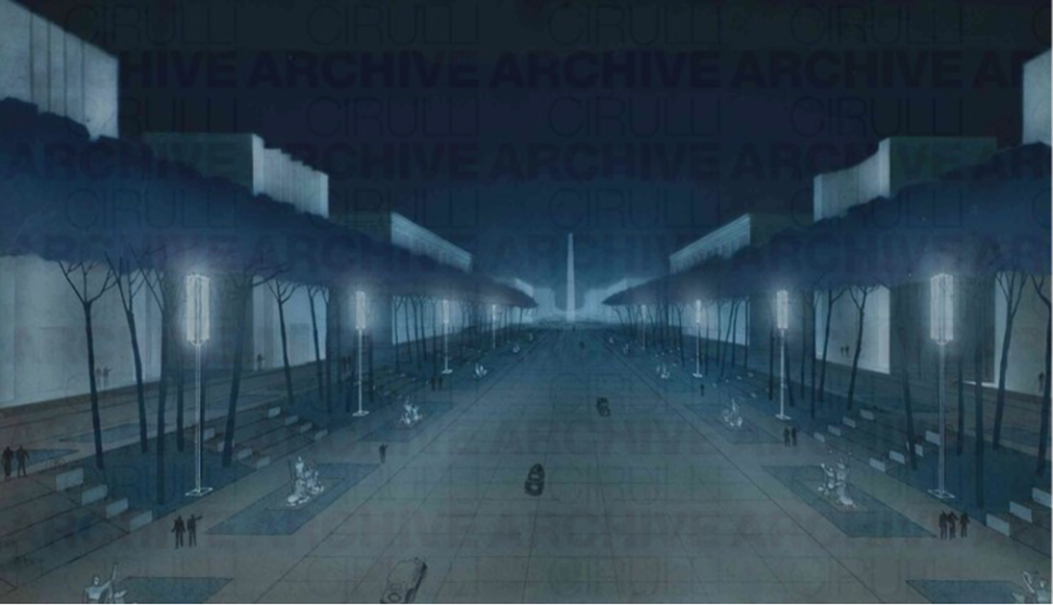 Fuorisalone 2024 - Marcello Piacentini,Esposizione Universale di Roma 1942 Studio per illuminazione del Viale
Imperiale(1940c.) 44,5x81,5cm,@Fondazione Cirulli