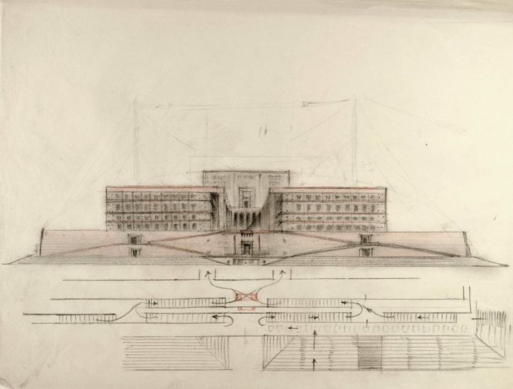 Mario Bacciocchi - Mario Bacciocchi, Progetto per il Palazzo Littorio, 1930-1940 ca., matita su carta, cm 60 x 70