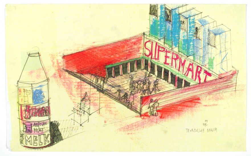 Autobiografia Poetica - Milano Palasport, matite colorate e pennarello su carta, 39x63.7 cm, 1989