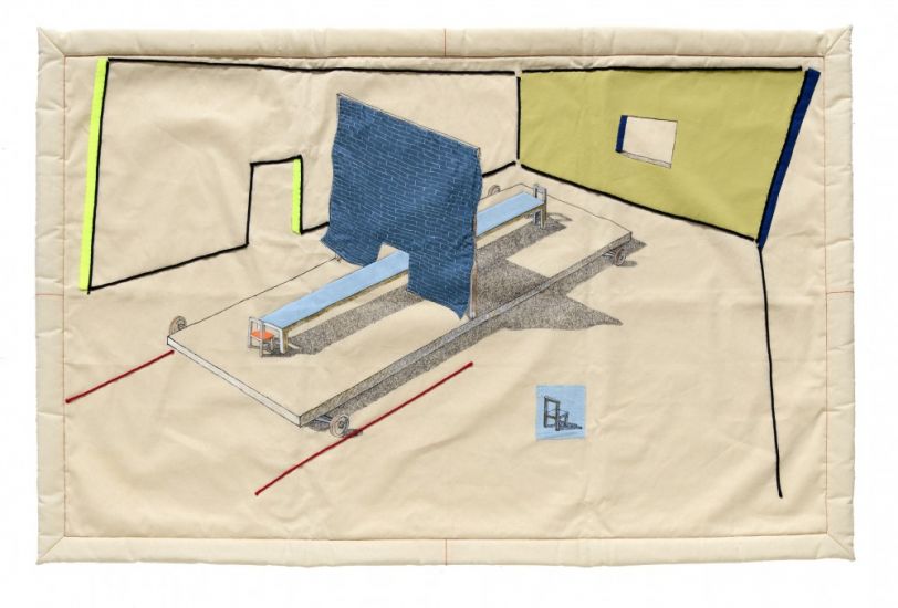 Interni Morbidi - Arazzo N.10 Tavolo per separati,2023, 160×105 cm,pennarello,tempera,materiali vari su tessuto. Esecuzione tessile Roberta Beghelli
