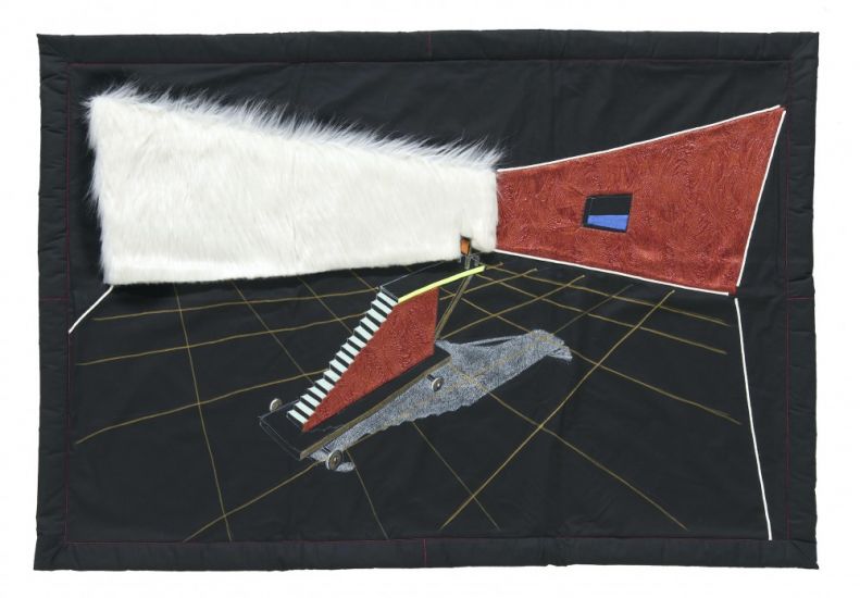 Interni Morbidi - Arazzo N.4 Osservatorio per sedia,2022, 160×105cm, pennarello, tempera, materiali vari su tessuto. Esecuzione tessile Roberta Beghelli