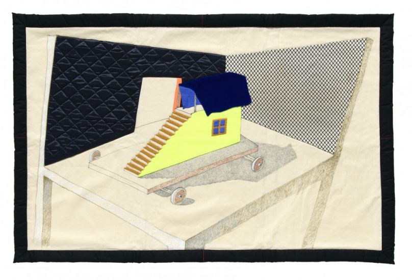 Interni Morbidi - Arazzo N.5 Casa a gradini con baldacchino,2023,160×105 cm, pennarello,tempera,materiali vari su tessuto. Esecuzione tessile Roberta Beghelli