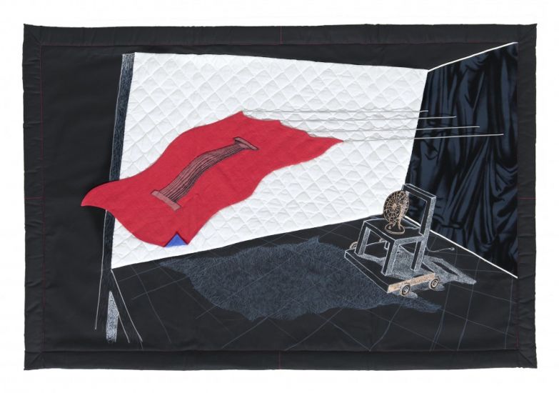 Interni Morbidi - Arazzo N.6 Interno con sedia e ventilatore.2022, 160×105cm,pennarello,tempera,materiali vari su tessuto. Esecuzione tessile Roberta Beghelli