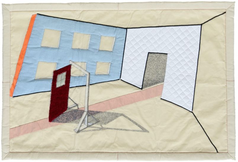 Interni Morbidi - Arazzo N.7 Porta rossa con parete azzurra,160x105cm,2022,pennarello, tempera,materiali vari su tessuto. Esecuzione tessile Roberta Beghelli