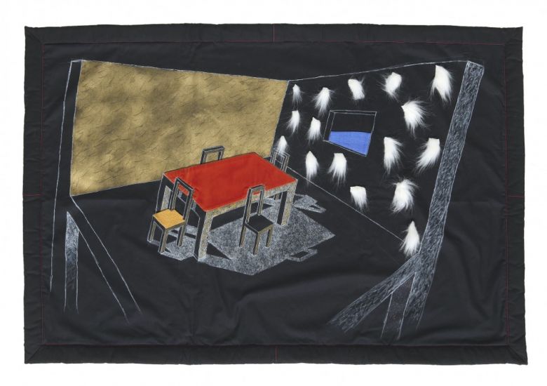 Interni Morbidi - Arazzo N.8 Tavolo e 4 sedie,2022, 160×105 cm,pennarello,tempera,materiali vari su tessuto. Esecuzione tessile Roberta Beghelli