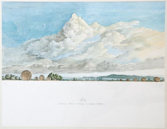 Valentino Parmiani - Panorama verso le colline di san Pietro, 1989, tecnica mista su carta, 23x30 cm