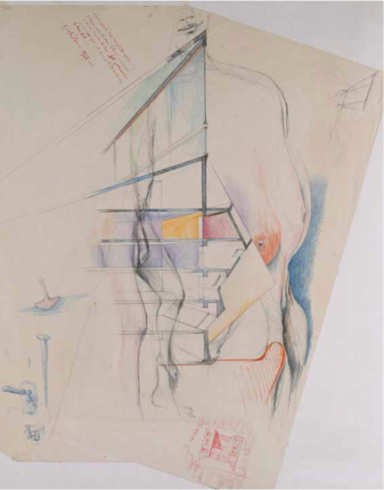 Una festa per l’architettura: modelli, pensieri e disegni - Gaetano Pesce, Studio per la sede di un partito politico, 1978, matite e pastelli multicolore su carta, 104 x 88 cm