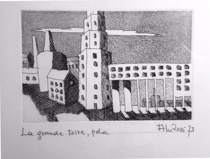 Aldo Rossi - La grande torre, 1973, incisione pda, cm 25 x 33