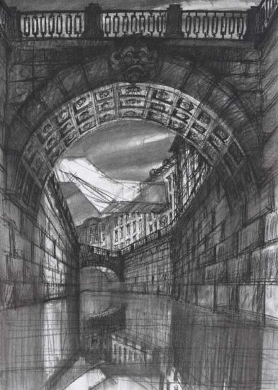 Den-City Urban Landscape - Sergei Tchoban, Architectural contrasts 1. Bridge, 2015, carboncino su carta, cm 60x42