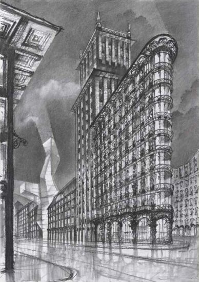 Den-City Urban Landscape - Sergei Tchoban, Architectural contrasts 5. Leaps in height, 2015, carboncino su carta, cm 60x42