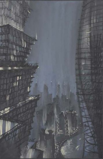 Den-City Urban Landscape - Sergei Tchoban, From the viewing platform In-Mao-Towers beside the Shanghai-Tower in Shangai, 2016, pastelli e  gessetto nero su carta, cm 6