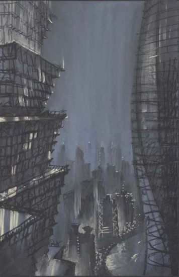 Den-City Urban Landscape - Sergei Tchoban, From the viewing platform In-Mao-Towers beside the Shanghai-Tower in Shangai, 2016, pastelli e gessetto nero su carta, cm 6
