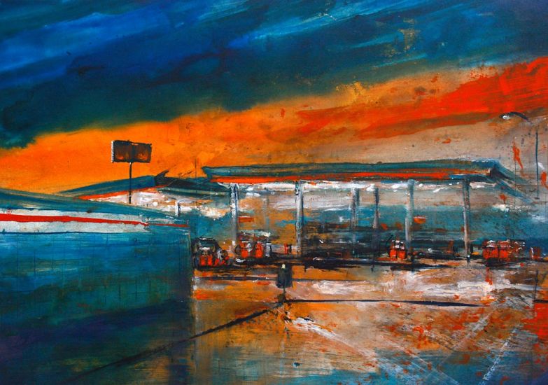 ARCHIZONE - Alessandro Busci, Stazione di Servizio-Sera, smalto su carta, cm 67x94