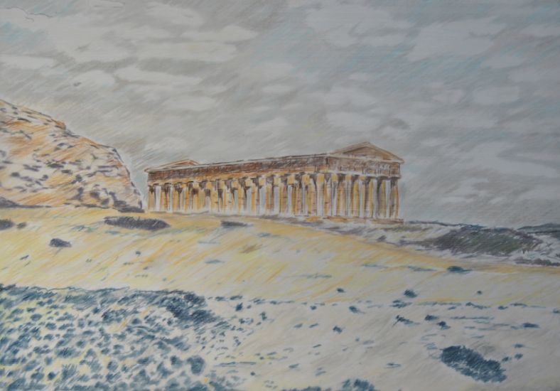 Paesaggi Italiani - Tempio Grande, Segesta, pastello morbido su foglio plastificato opalino, 35x50 cm
