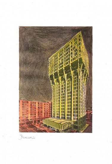 L’architettura appartiene al teatro - Andrea Branzi, TORRE VELASCA, 2023, mixed media pastel on print, cm. 29,7 x 42_01